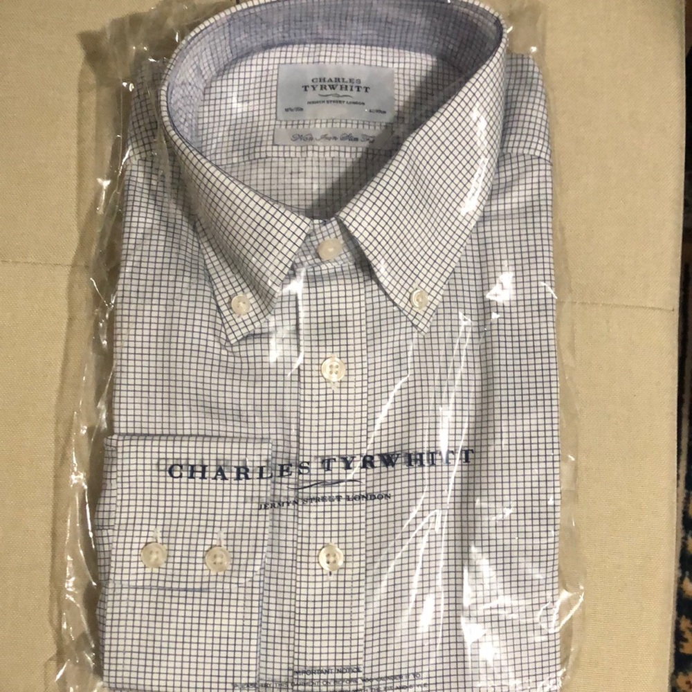 Men’s Navy slim fit button down non iron mini grid check shirt